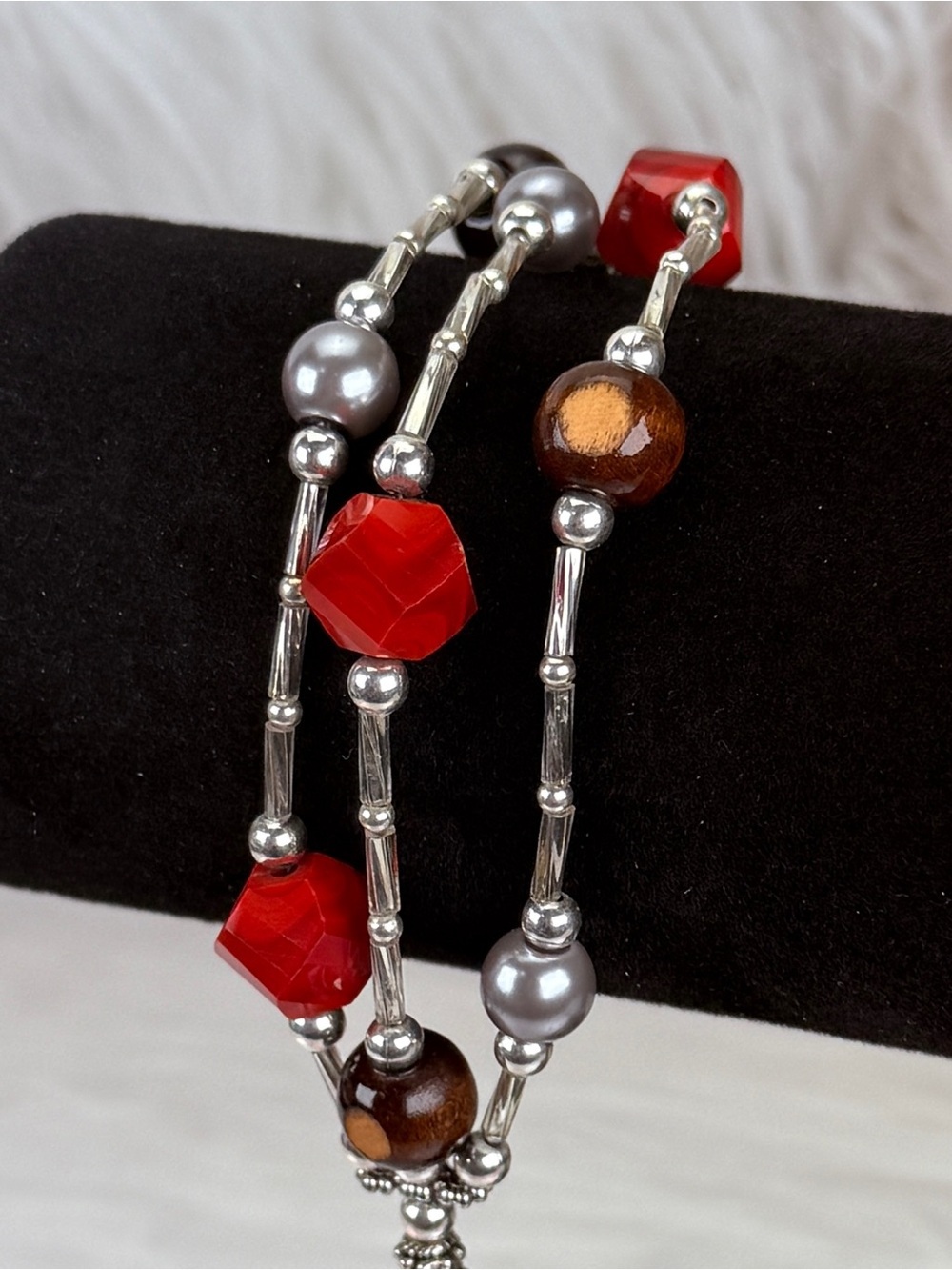 Elegant Triple-Strand Beaded Bracelet in Red, Brown & Silvertone